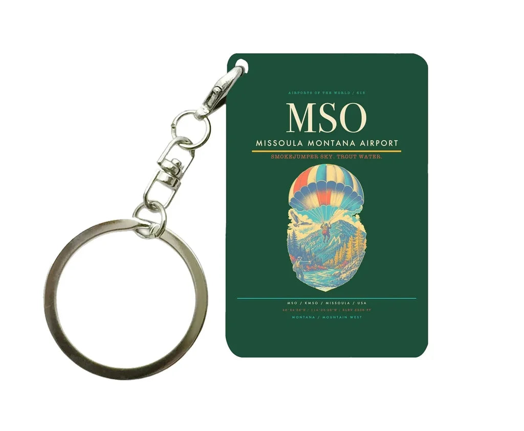 Missoula Montana Airport (MSO) design on dark green key chain