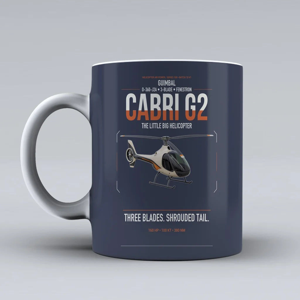 Guimbal Cabri G2 design on dark blue ceramic mug, double-side print