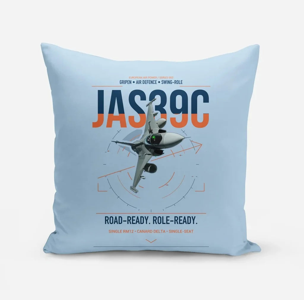 Saab JAS 39C Gripen design on light blue pillow