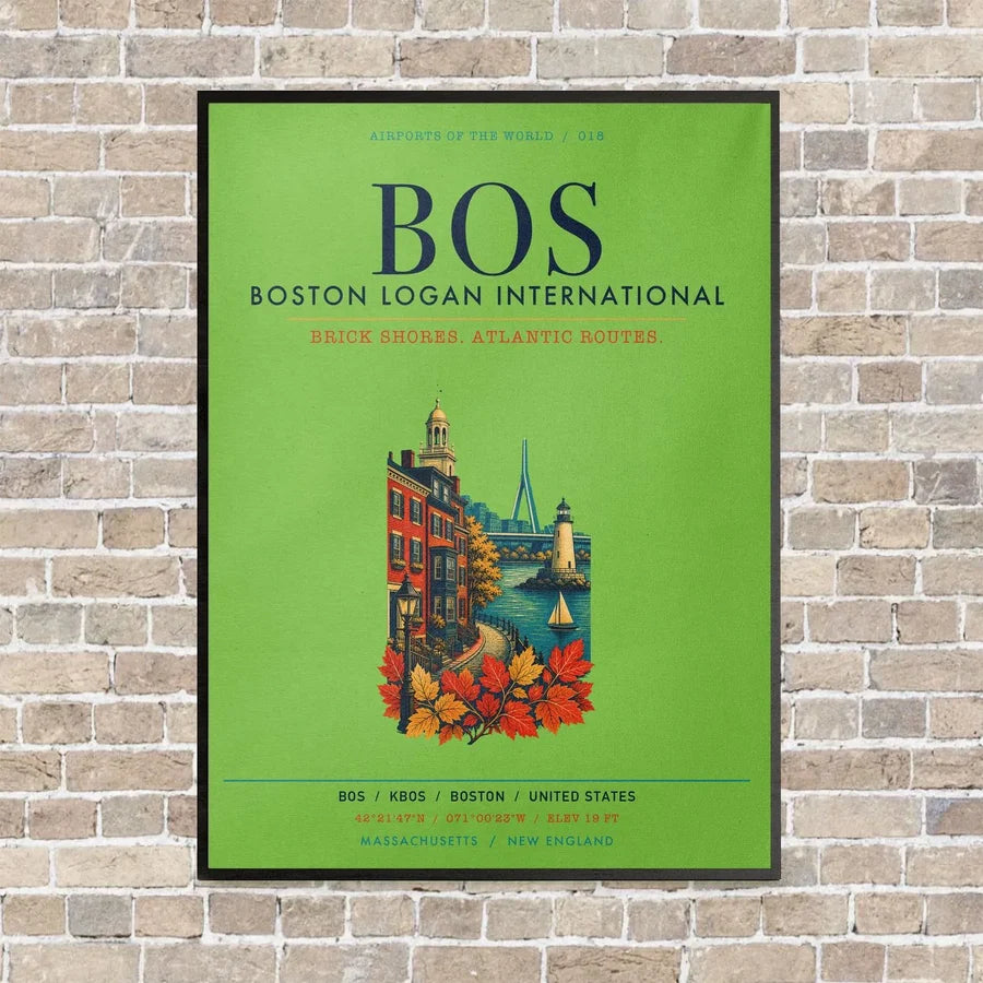 Boston Logan International Airport BOS vertical canvas print - framed - light green background