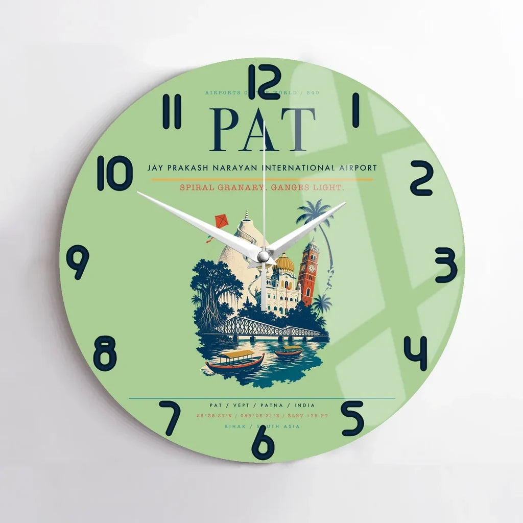 Jay Prakash Narayan International Airport (PAT) design on light green no frame wall clock