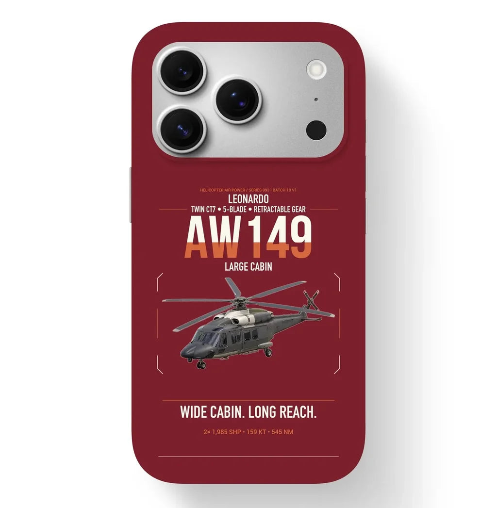 Leonardo AW149 design on dark red magsafe iphone case, for iPhone 17 Pro