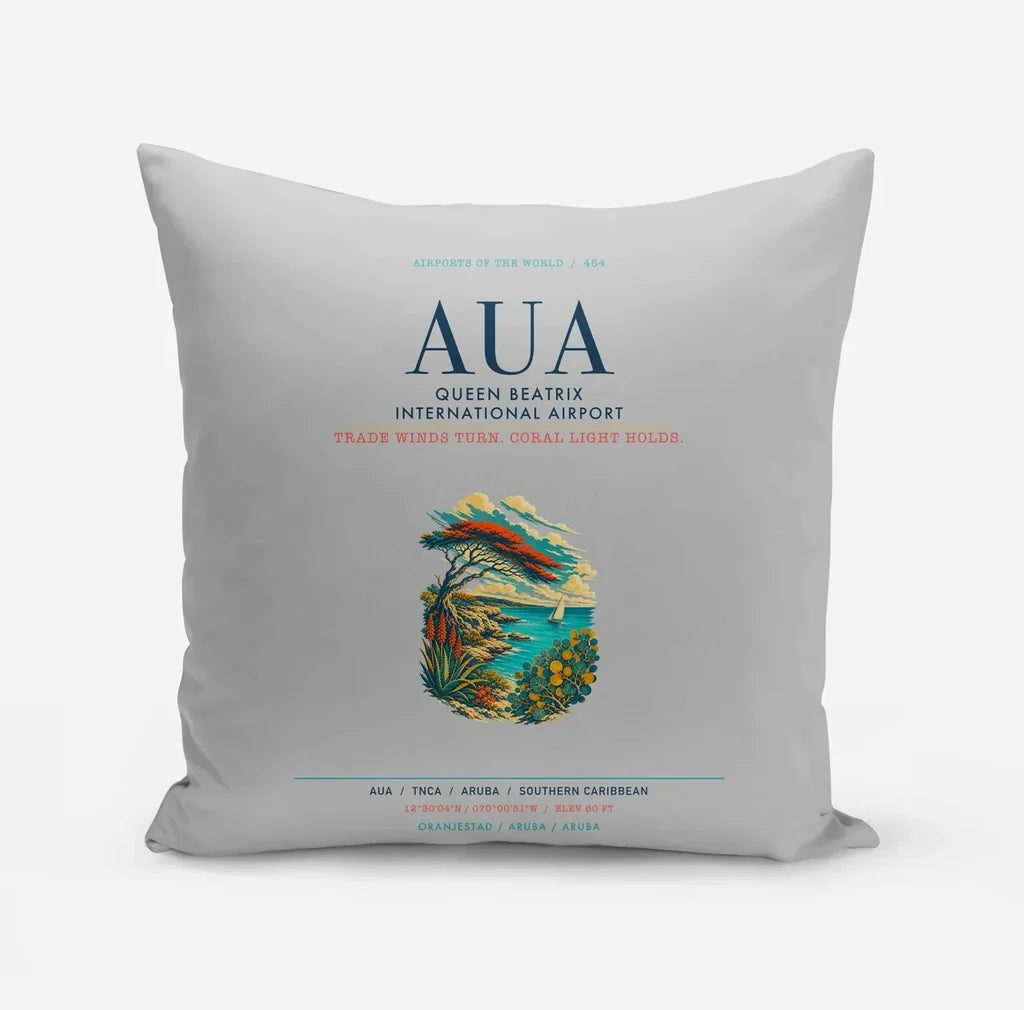 Queen Beatrix International Airport (AUA) design on light gray pillow