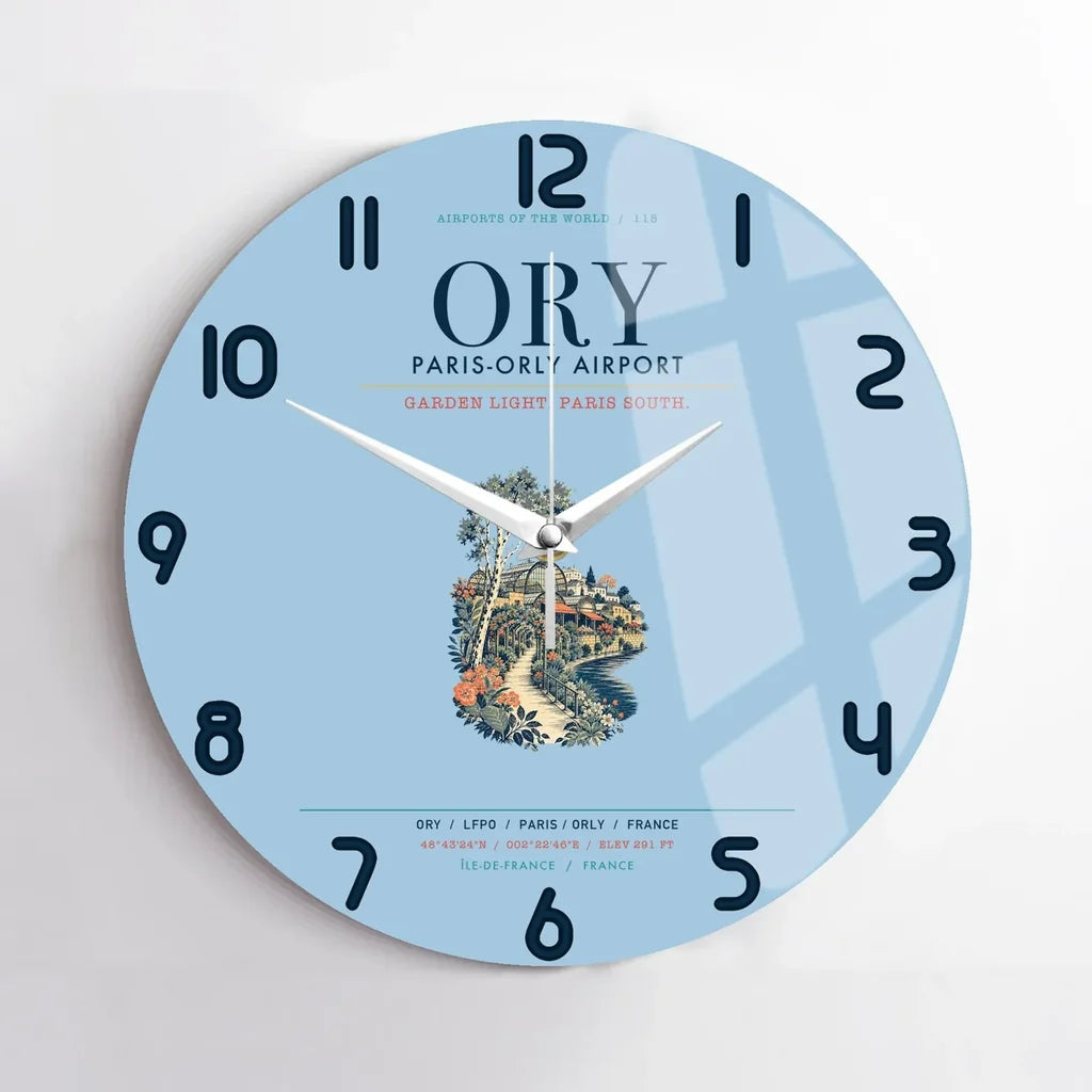 Paris-Orly Airport (ORY) design on light blue no frame wall clock