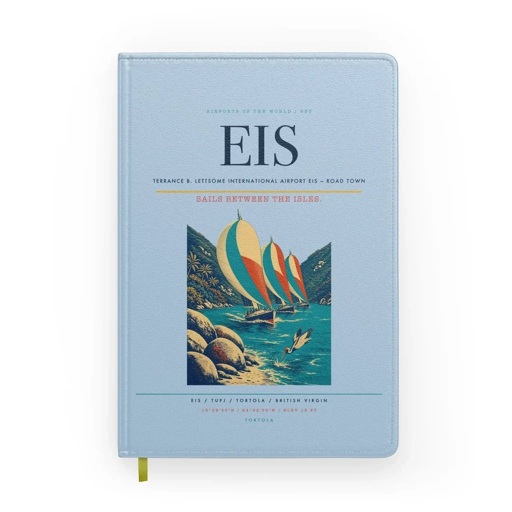 Terrance B. Lettsome International Airport (EIS) design on light blue notebook