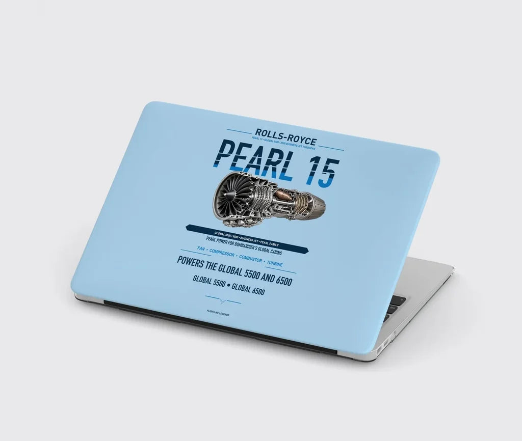 PEARL 15 design on light blue MacBook case