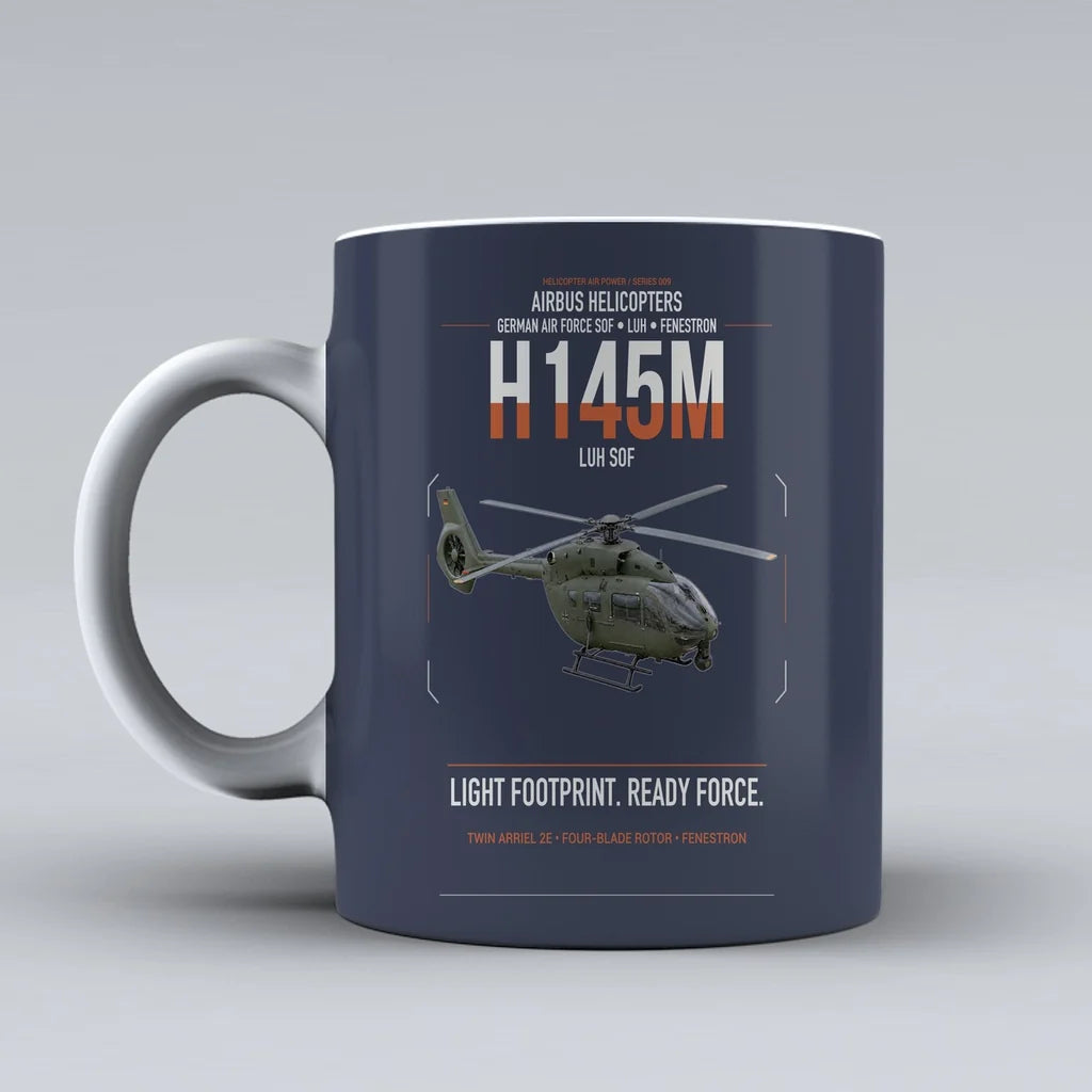 Airbus Helicopters H145M LUH SOF design on dark blue ceramic mug, double-side print