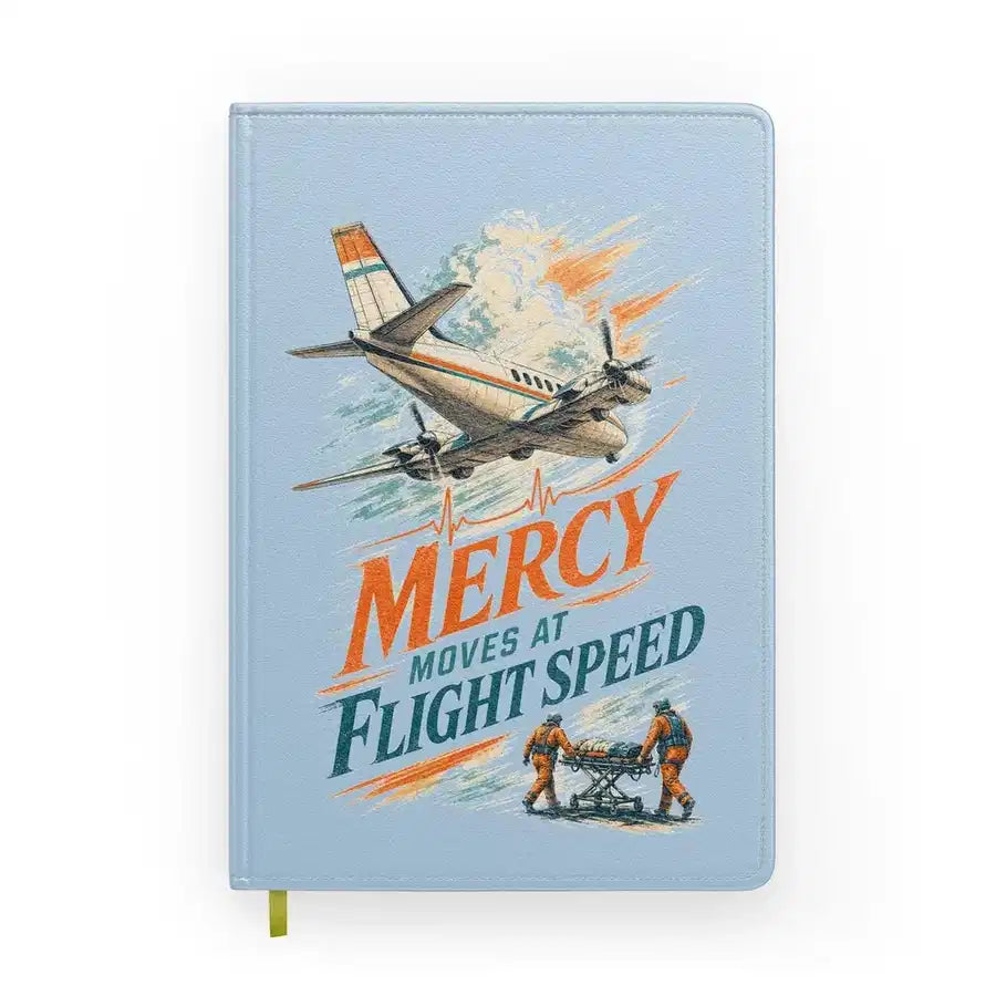 Mercy Moves At Flight Speed design on light blue notebook