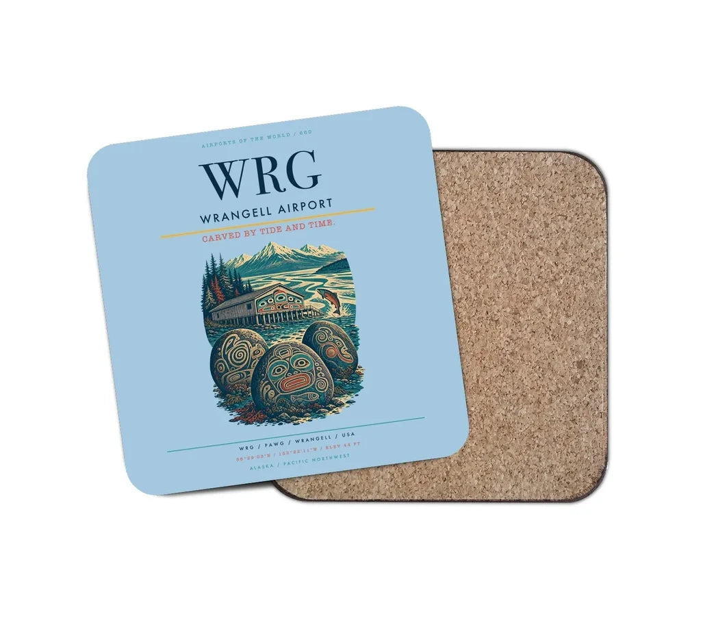 Wrangell Airport (WRG) design on light blue 1 piece coaster