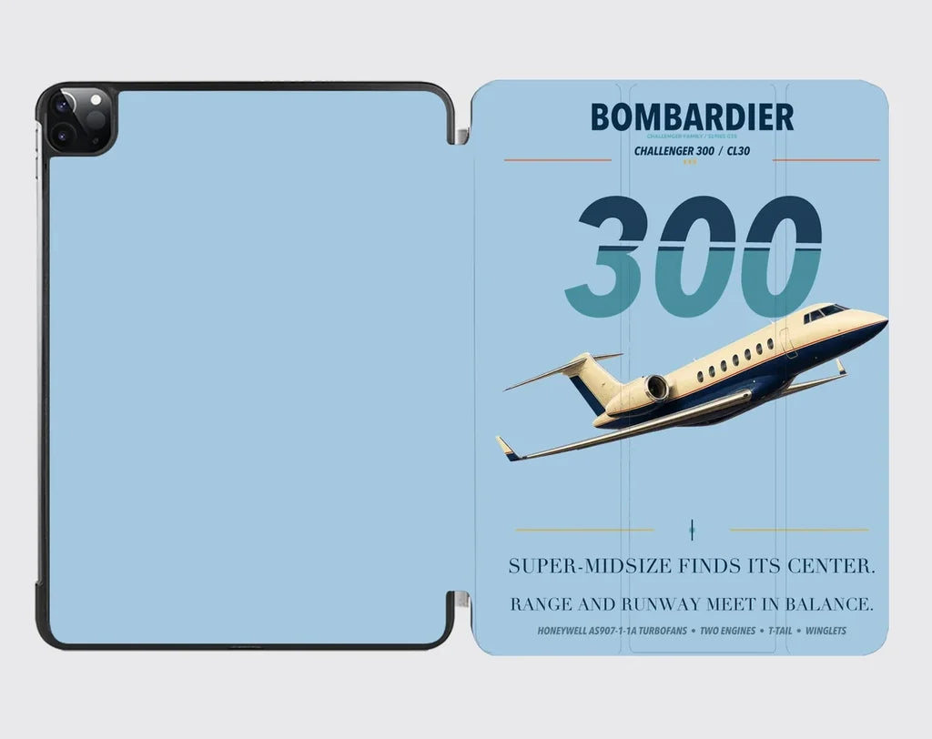 Bombardier Challenger 300 design on light blue ipad tablet case