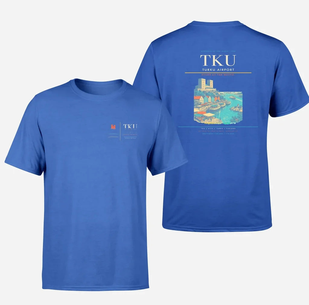 Turku Airport (TKU) design printed on blue double-side t-shirt