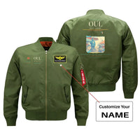 Thumbnail for Oulu Airport (OUL) design on green bomber jacket with custom name patch