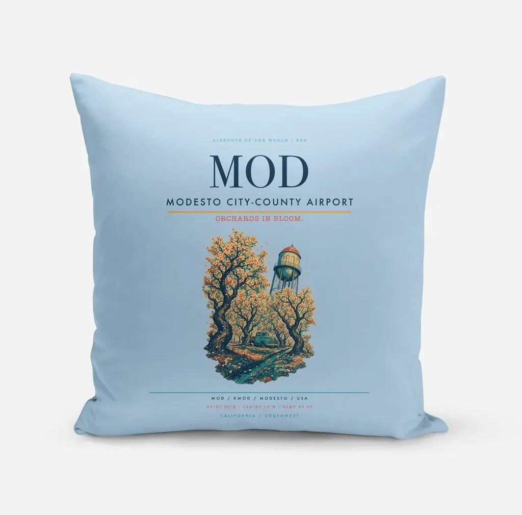 Modesto City-County Airport (MOD) design on light blue pillow