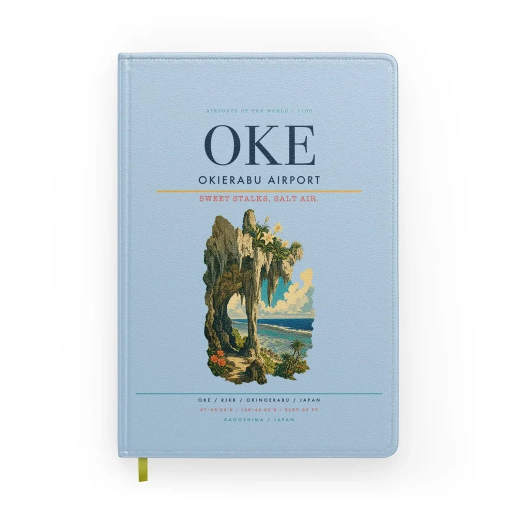Okierabu Airport (OKE) design on light blue notebook