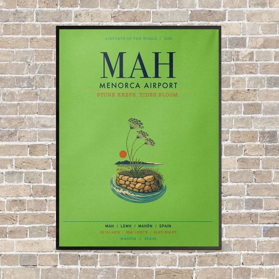 Menorca Airport MAH vertical canvas print - framed - light green background