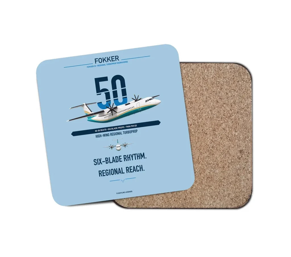 Fokker 50 design on light blue 1 piece coaster