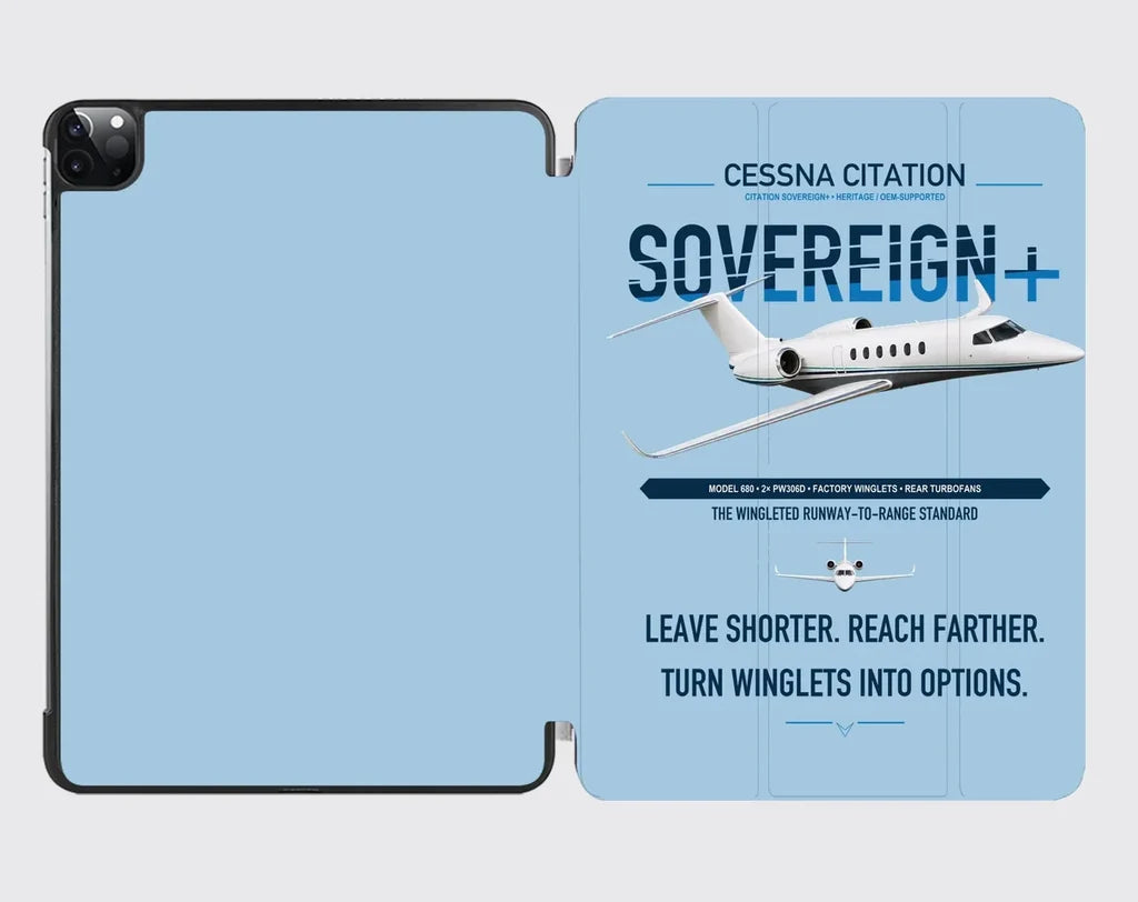 Cessna Citation Sovereign+ design on light blue ipad tablet case