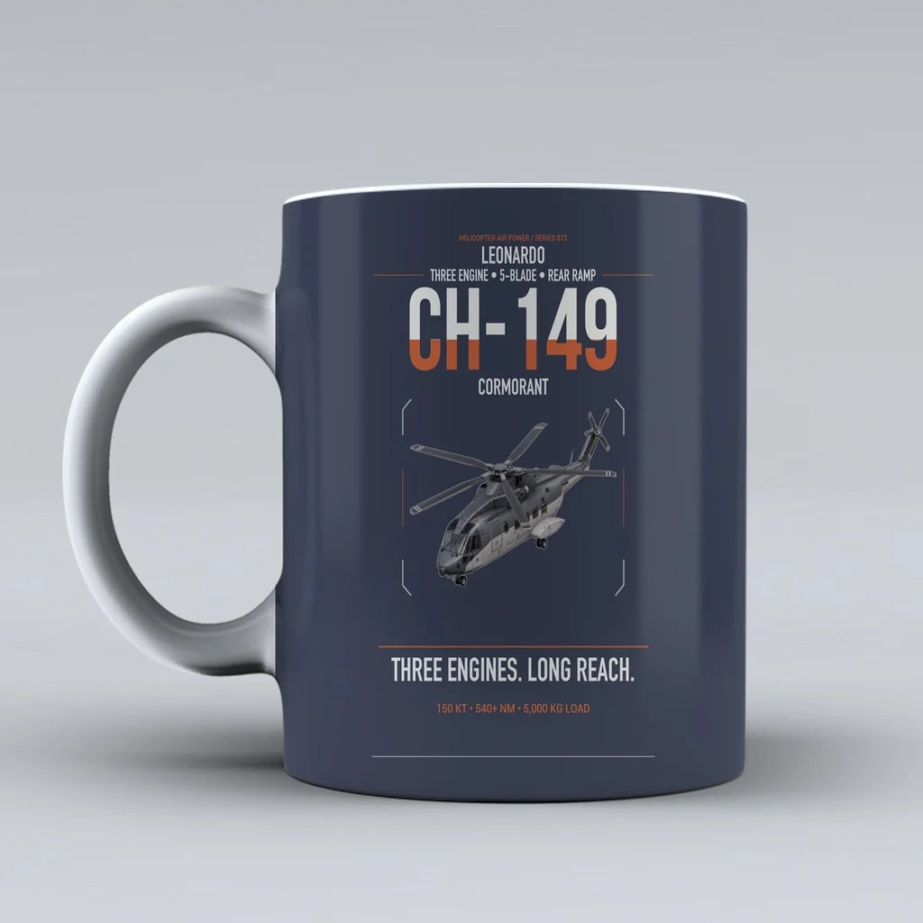 Leonardo CH-149 Cormorant design on dark blue ceramic mug, double-side print