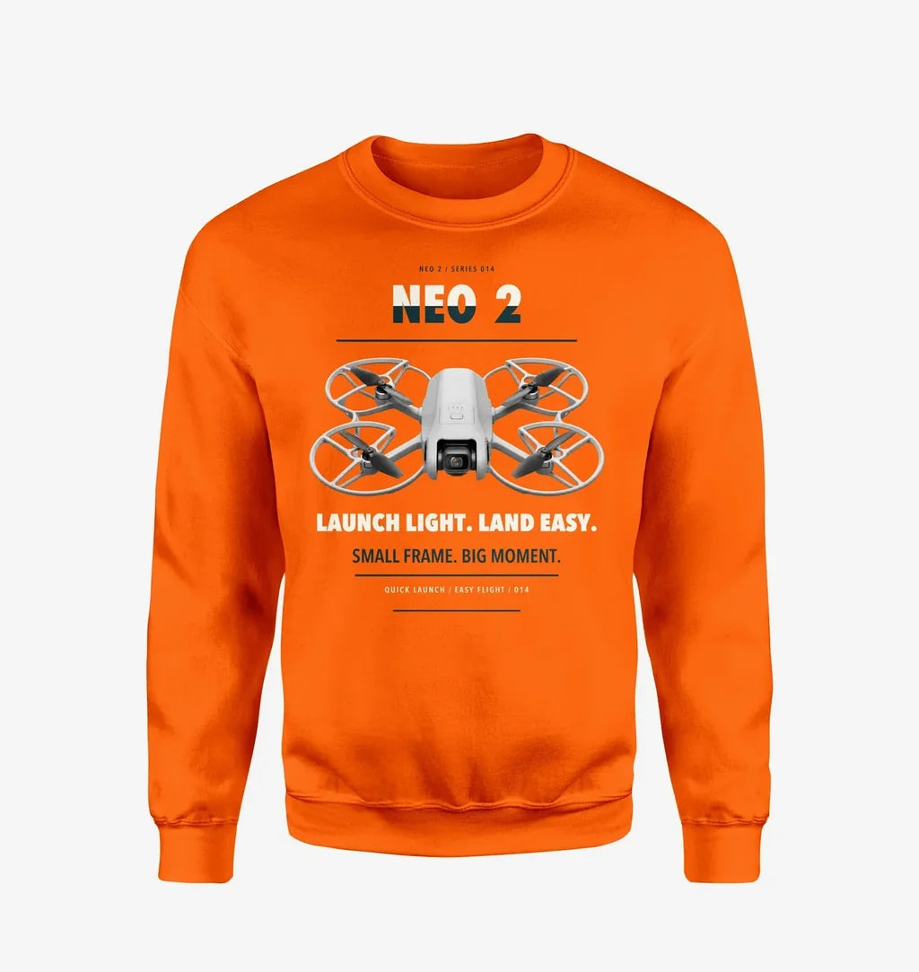 DJI Neo 2 design on orange sweatshirt