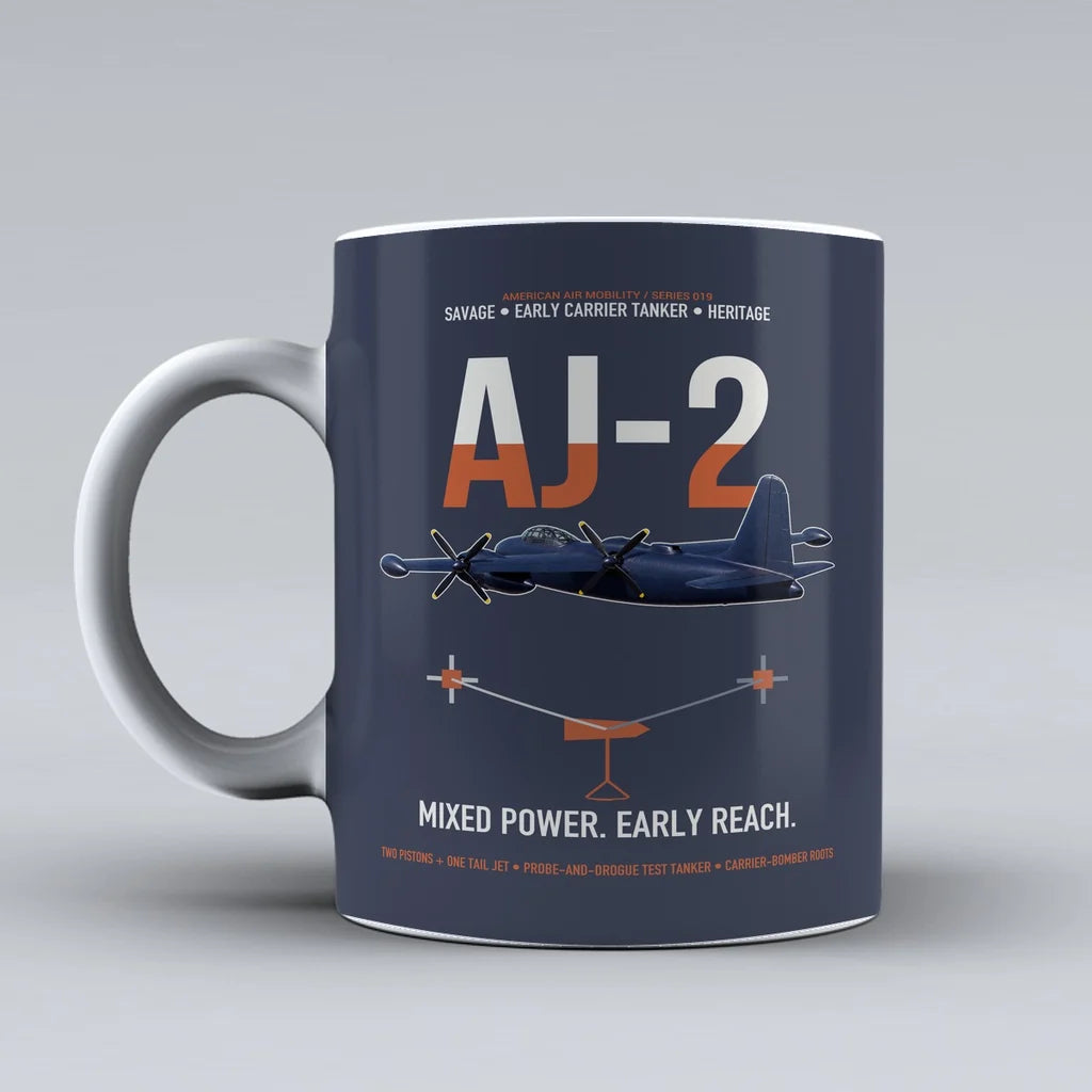 AJ-2 Savage Tanker design on dark blue ceramic mug, double-side print