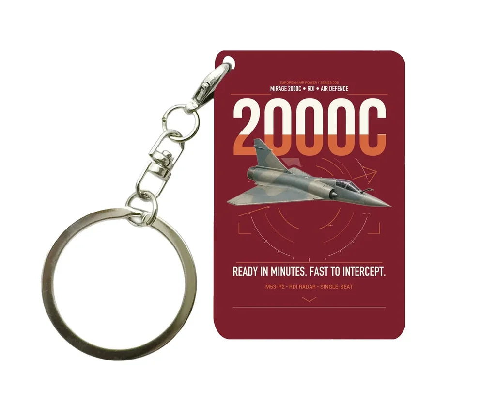 Dassault Mirage 2000C RDI design on dark red designed key chain, double-side print
