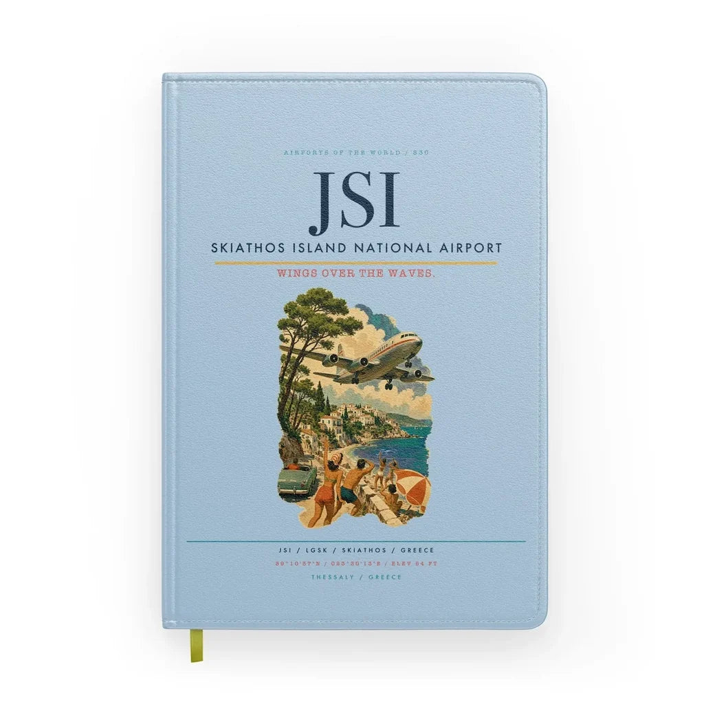 Skiathos Island National Airport (JSI) design on light blue notebook