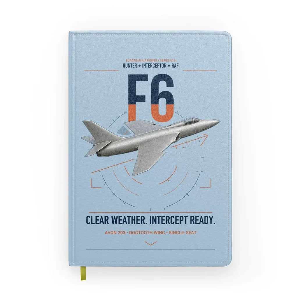 Hawker Hunter F6 design on light blue notebook