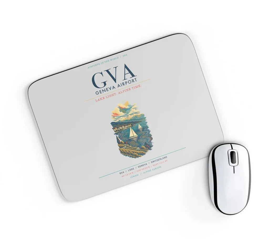 Geneva Airport (GVA) design on light gray rectangle mouse pad