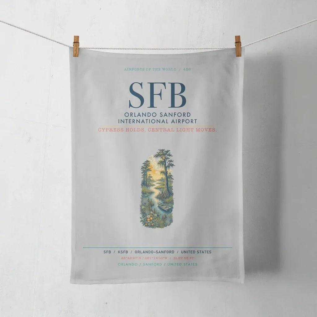 Orlando Sanford International Airport (SFB) design on light gray towel