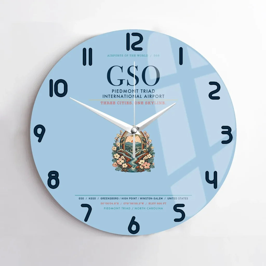 Piedmont Triad International Airport (GSO) design on light blue no frame wall clock