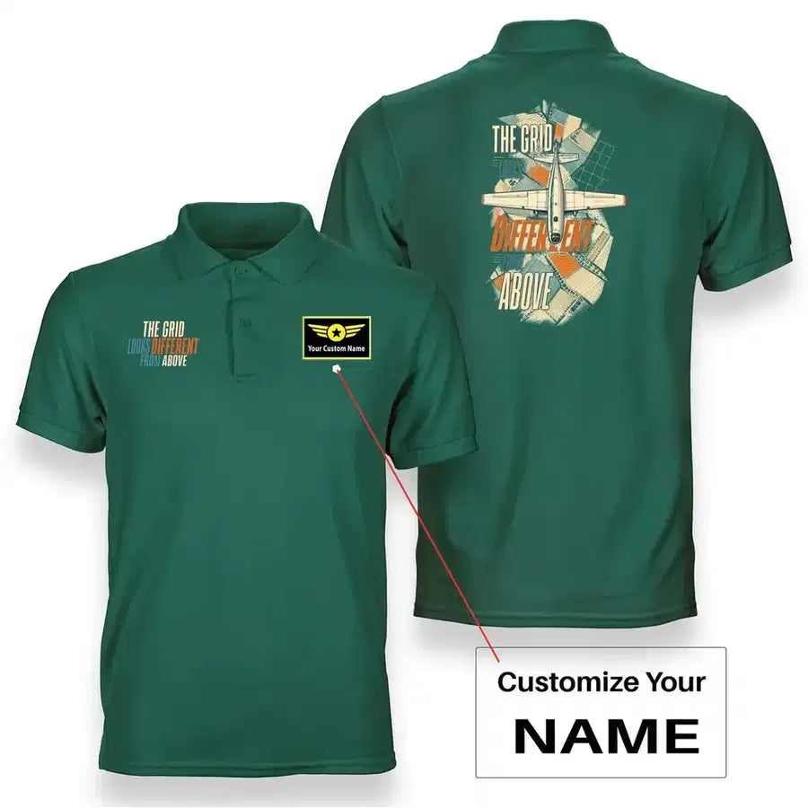 SIGNAL 645 - The Grid Looks Different From Above - Double-Side Polo design on green double side polo with custom name badge