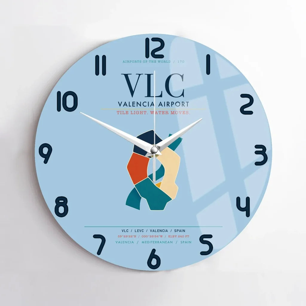 Valencia Airport (VLC) design on light blue no frame wall clock