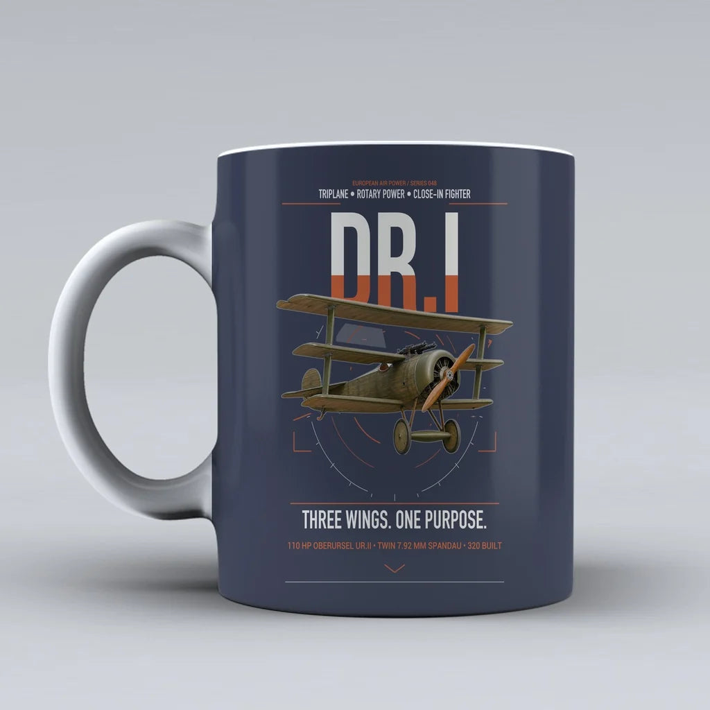 Fokker Dr.I design on dark blue ceramic mug, double-side print