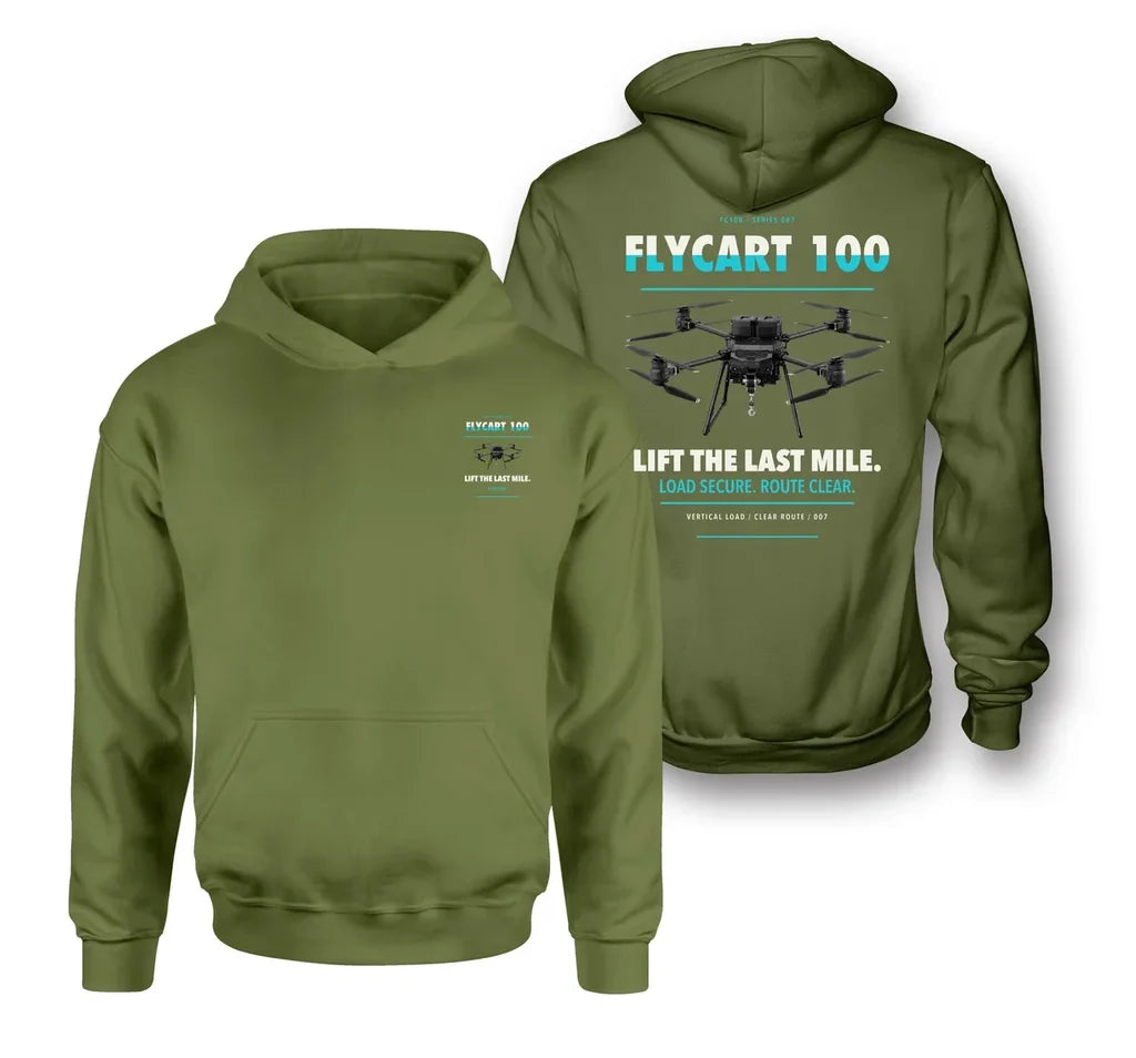 DJI FlyCart 100 design on green army hoodie