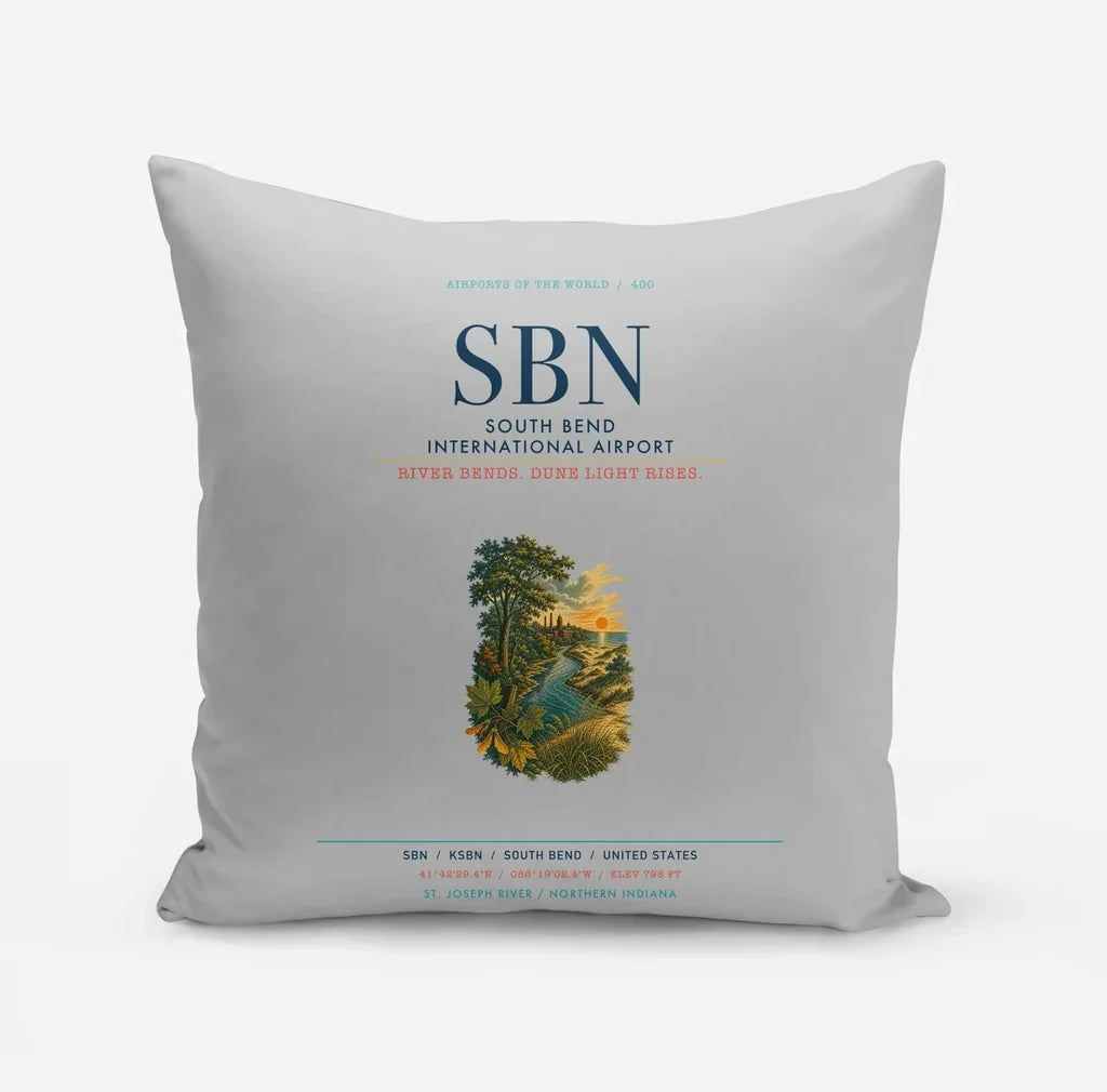 South Bend International Airport (SBN) design on light gray pillow