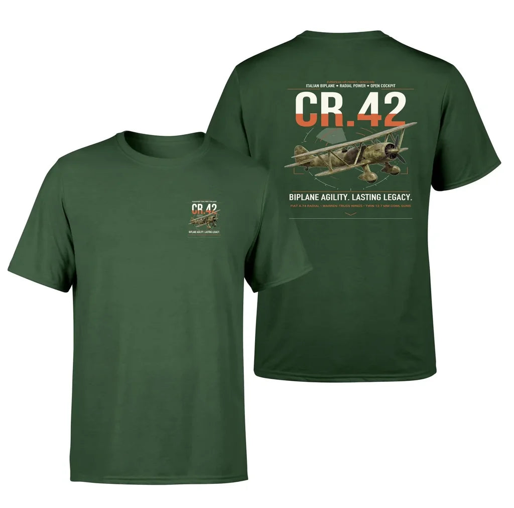 Fiat CR.42 Falco design on dark green t-shirt, double-side print