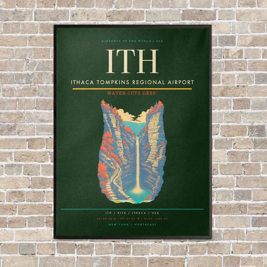 Ithaca Tompkins Regional Airport ITH vertical canvas print - framed - dark green background