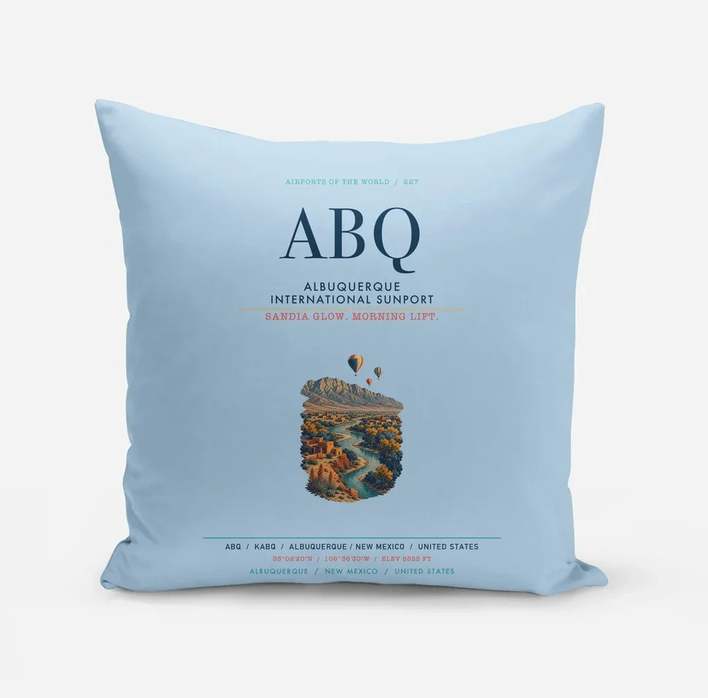 Albuquerque International Sunport (ABQ) design on light blue pillow