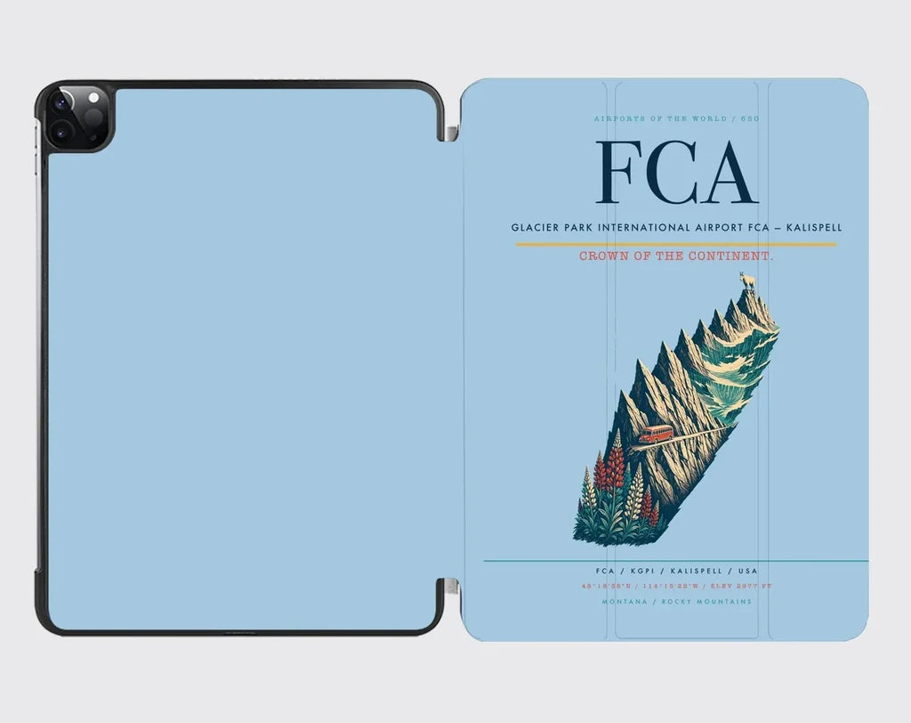 Glacier Park International Airport (FCA) design on light blue ipad tablet case