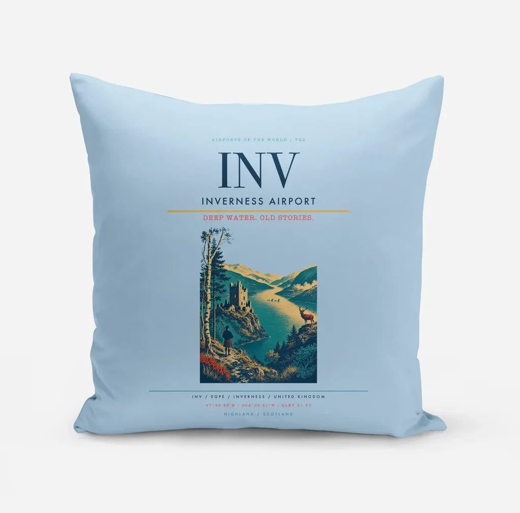 Inverness Airport (INV) design on light blue pillow