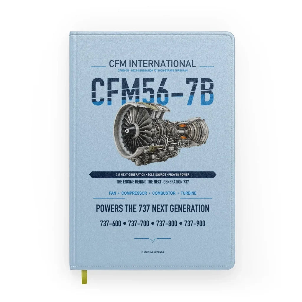 CFM56-7B design on light blue notebook