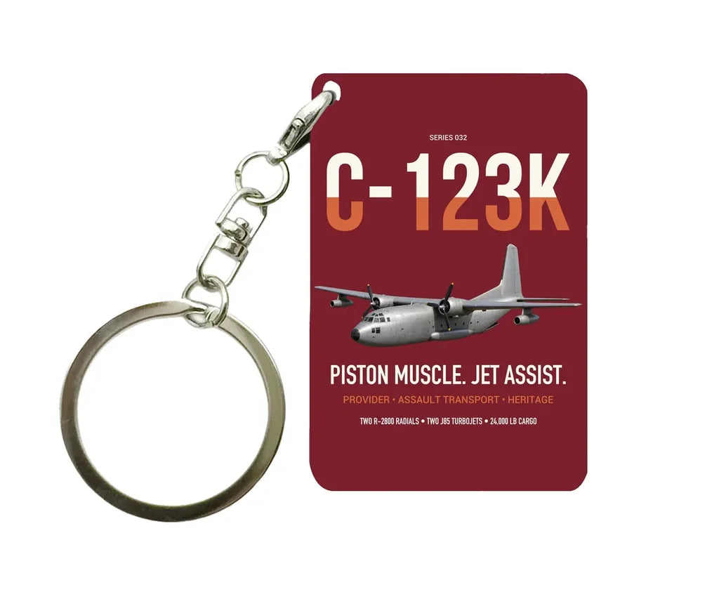 C-123K Provider design on dark red designed key chain, double-side print