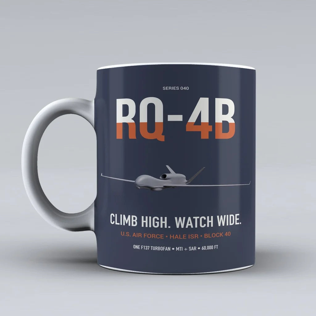 RQ-4B Global Hawk design on dark blue ceramic mug, double-side print