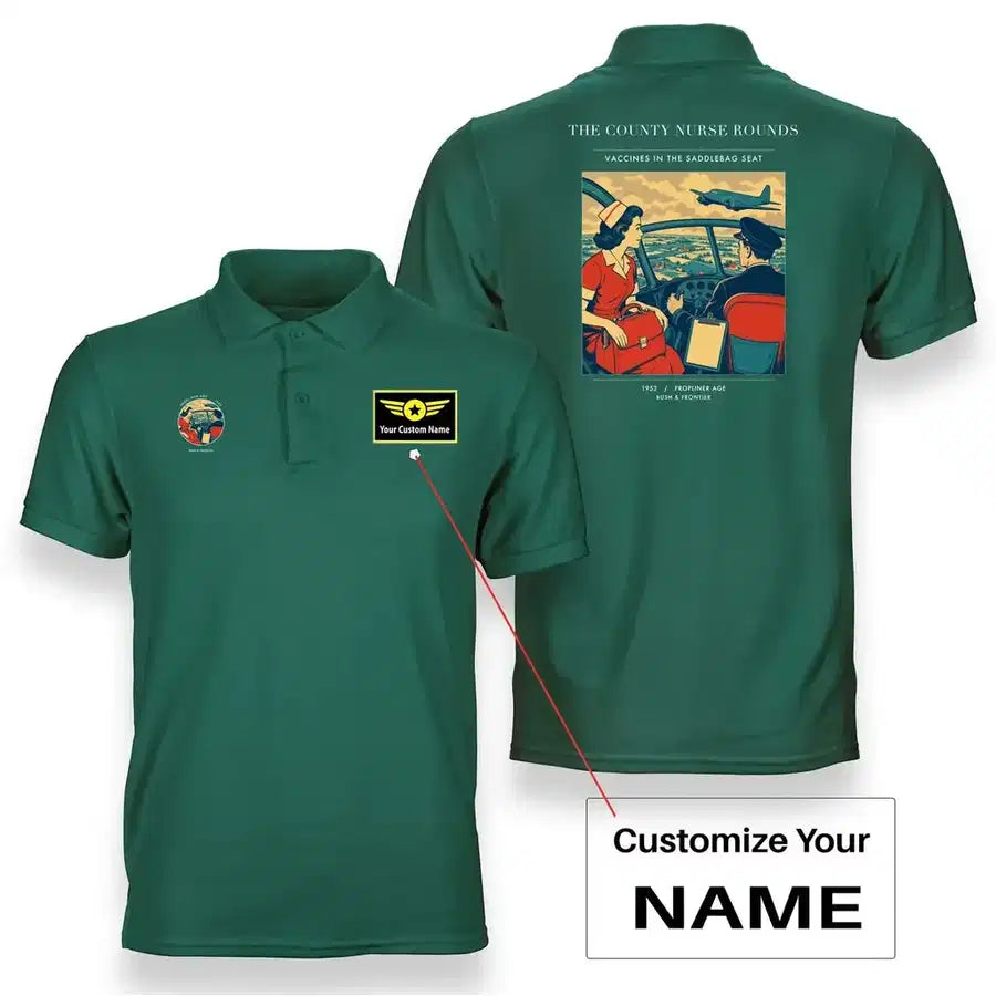 VINTAGE G4481 - The County Nurse Rounds - Double-Side Polo T-Shirt design on green+name