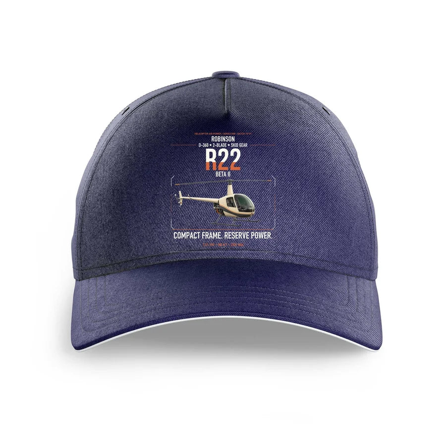 Robinson R22 Beta II design on dark blue printed hat