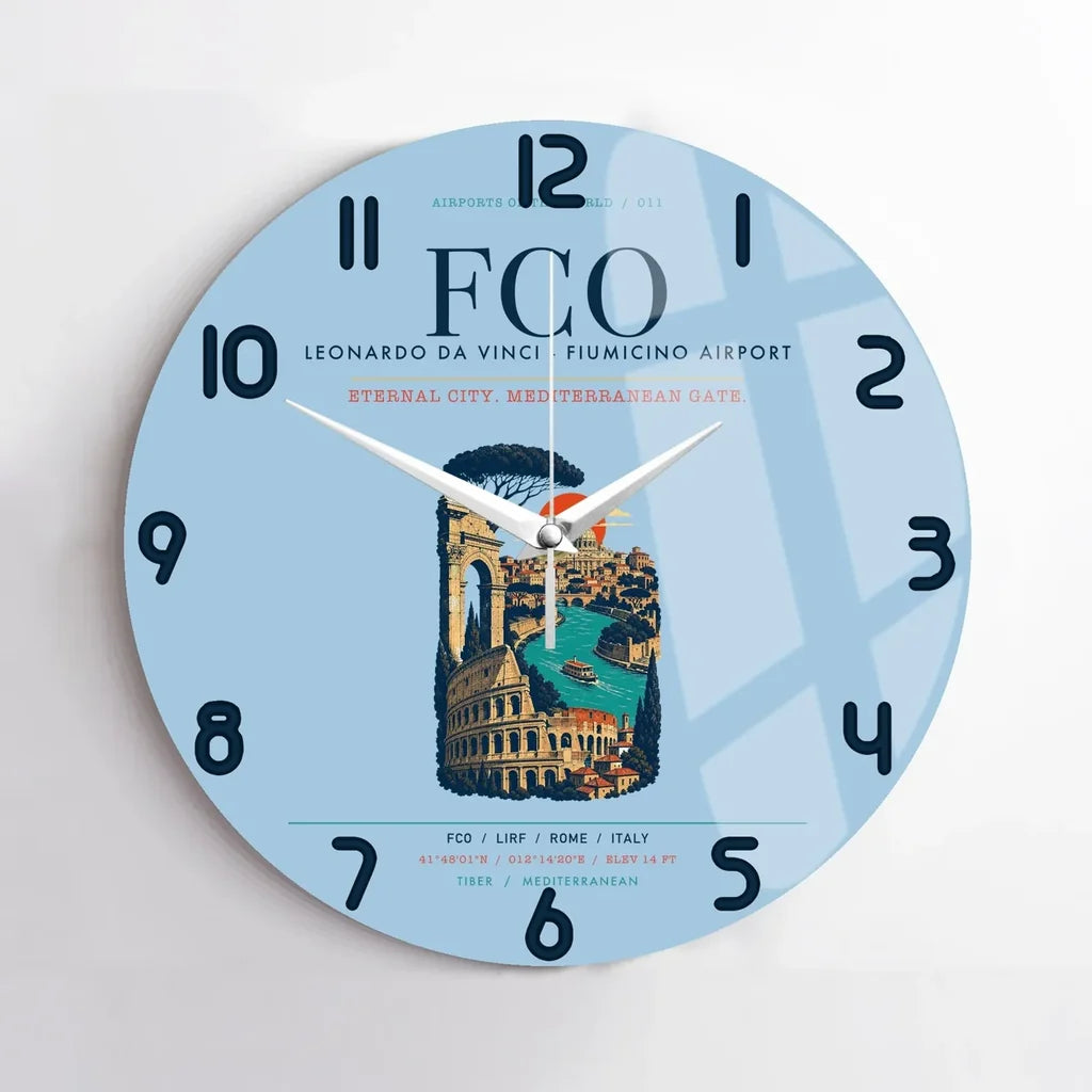 Rome Leonardo da Vinci Fiumicino Airport (FCO) design on light blue no frame wall clock