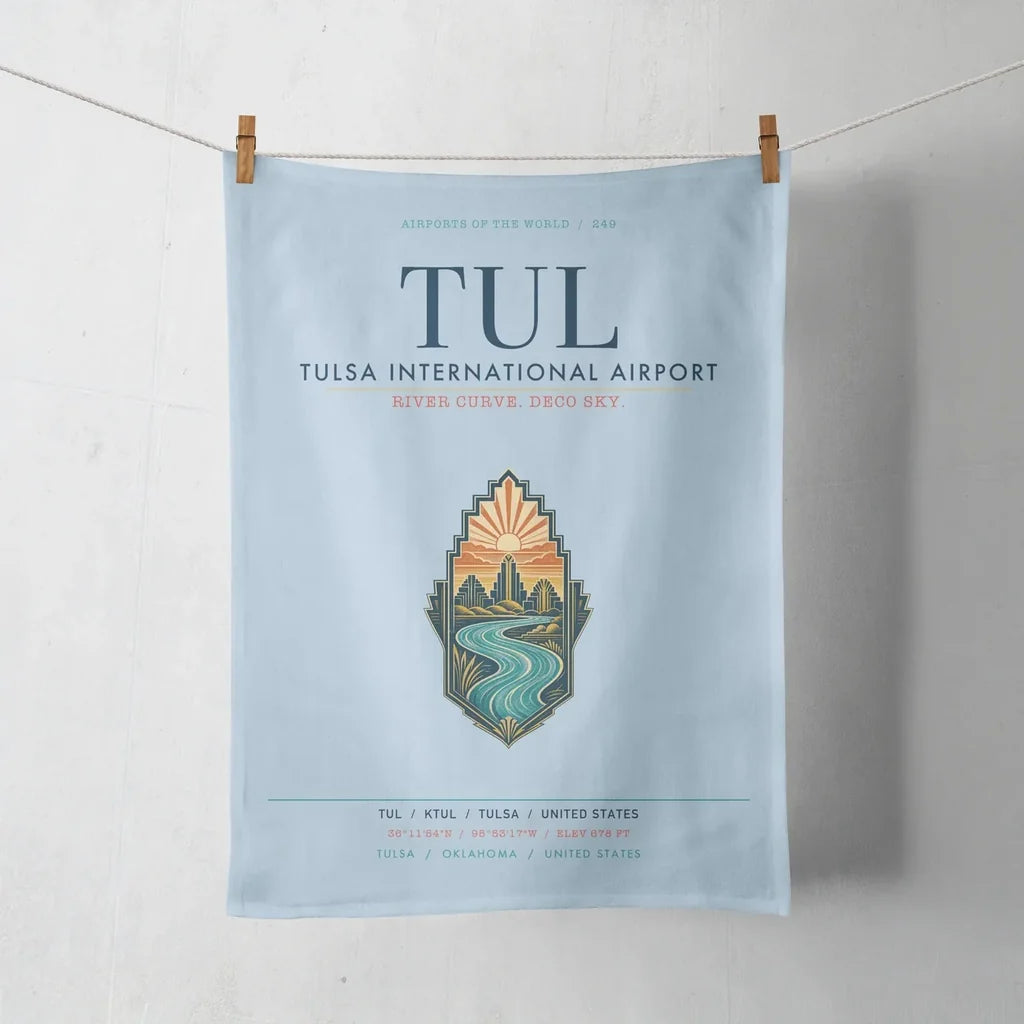 Tulsa International Airport (TUL) design on light blue towel