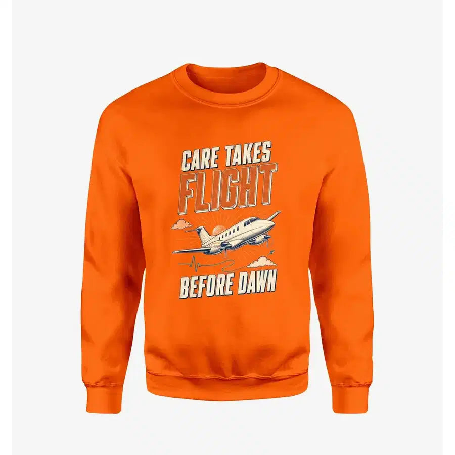 Care Takes Flight Before Dawn design on orange sweatshirt