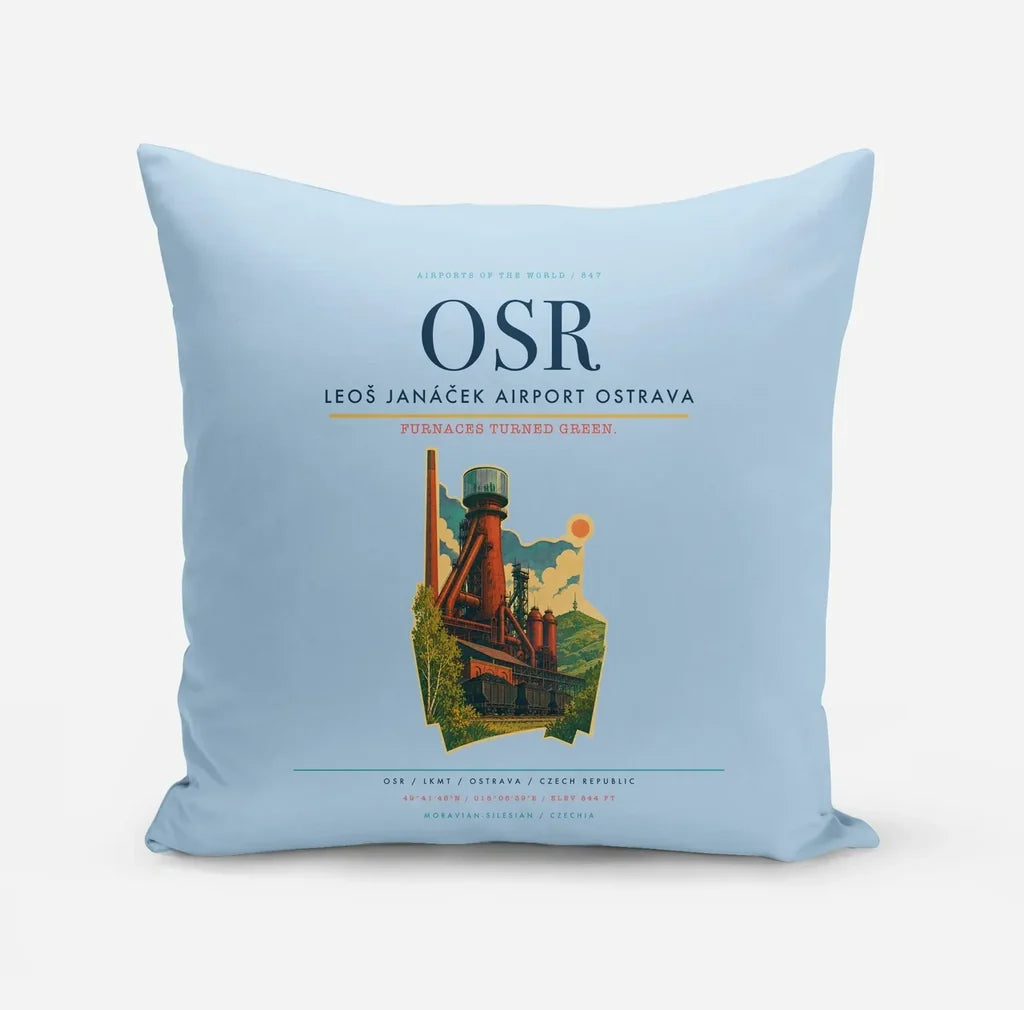 Leoš Janáček Airport Ostrava (OSR) design on light blue pillow