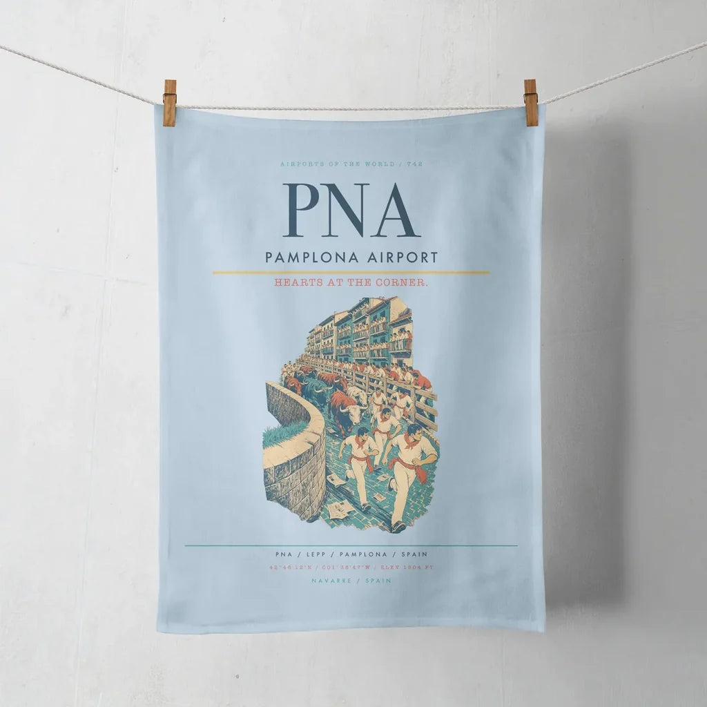 Pamplona Airport (PNA) design on light blue towel
